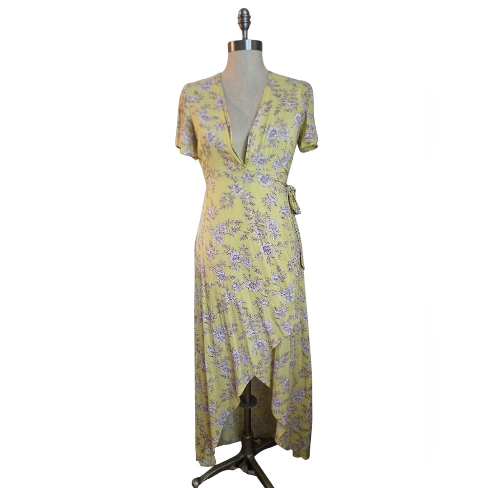 LE LIS Butter Yellow Toile Floral Midi Wrap Dress | SZ M